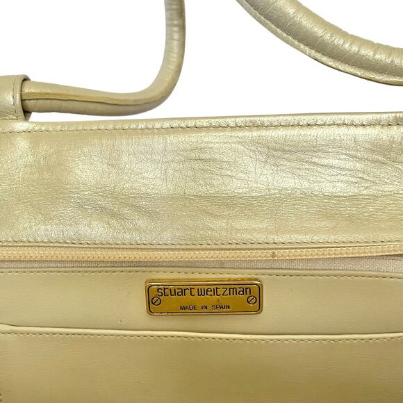 Vintage Stuart Weitzman Shimmering Leather Woven Straw Evening Bag Satchel - Picture 4 of 12